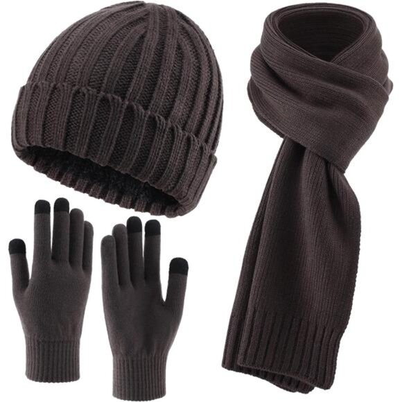3 PCS Men\'s Fleece Lined Cold Weather Set Warm Winter Beanie Hat